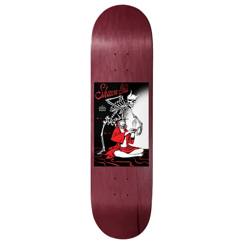 Birdhouse Shawn Hale Life Gives Death 8.5 skateboard deck: Black, white and red illustrated panel on a red-stained deck: a skeleton wearing a horned demon mask leans over a seated woman in a red cloak holding a goblet, with red liquid swirling around her.