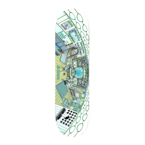 Birdhouse Shawn Hale Office 9.0 skateboard deck: A fisheye, wraparound view of a detailed office interior with a desk, chairs, monitors, wooden floor and shelves, drawn in pale iridescent greens and blues with a ring of green ovals down one edge.
