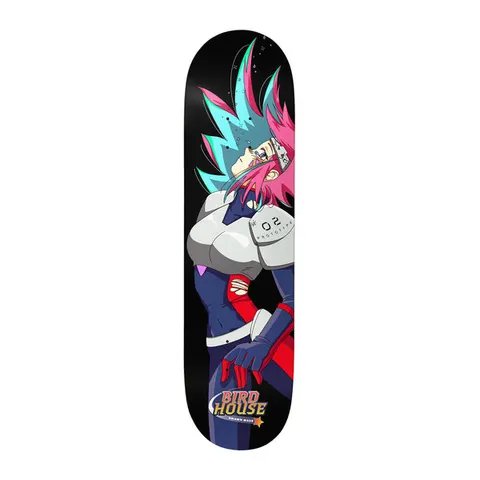 Birdhouse Shawn Hale Red Shift 8.75 skateboard deck: Anime-style woman in white and blue armour with spiky pink and teal hair, head tilted back and one hand on her hip, on a black background with a 02 Prototype shoulder marking and Birdhouse logo.