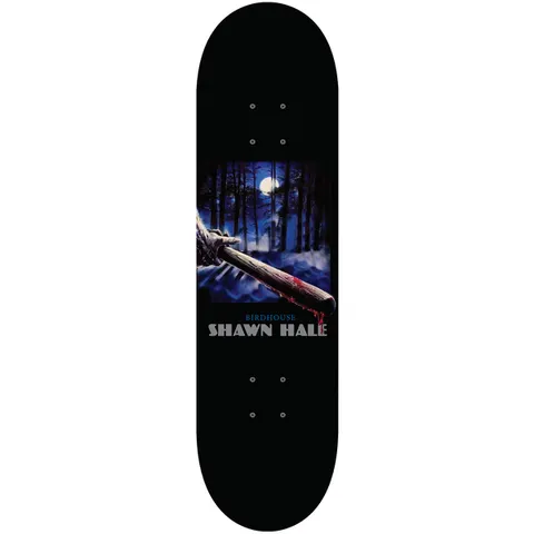 Birdhouse Shawn Hale Silver Bullet 8.25 skateboard deck: Horror-film style painting of a bloodied wooden bat held by a clawed hand in a moonlit snowy forest, in a rectangle on a black deck, with the rider name below.
