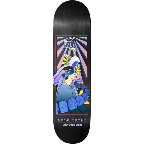 Birdhouse Shawn Hale Eyes Without A Faith 8.5 skateboard deck: Stained-glass style illustration in a red frame: a blindfolded man is touched by a veiled figure while a chain of blue leaf-patterned cubes curls around him, under sun rays and yellow flowers. Rider name and Birdhouse logo in lavender below.