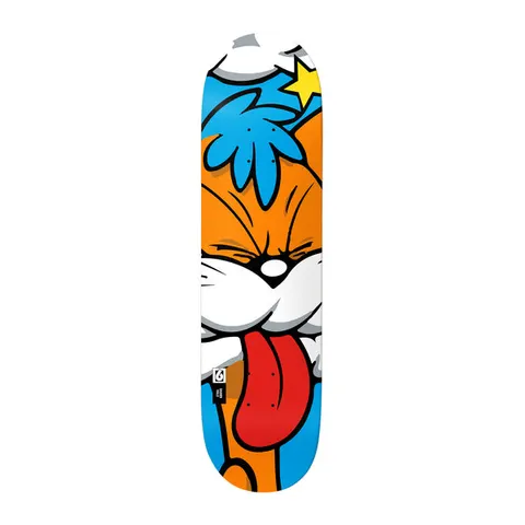 Birdhouse Shawn Hale Sour Cat XL 9.0 skateboard deck: Cropped close-up of a cartoon orange cat with blue tuft of hair, squeezed-shut eyes and red tongue stuck out, with a yellow star and cloud above, on a blue ground.