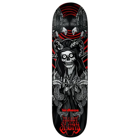 Birdhouse Sloan Reaper 8.5 skateboard deck: Grey skull-faced hooded reaper with ram horns and bulging eyes, wrapped in snakes, with two eagles above against red concentric swirls on black. Birdhouse logo and red 'Elliot Sloan' lettering at the bottom.