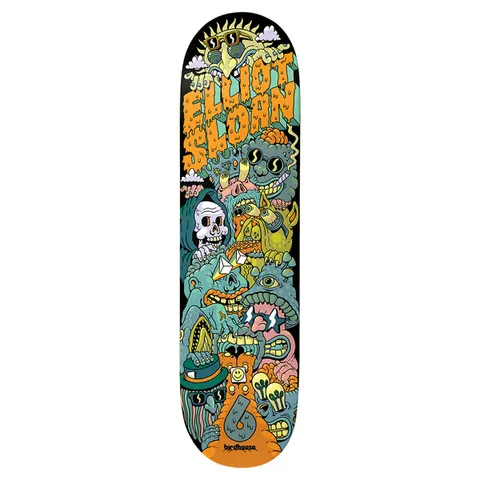 Birdhouse Sloan Sensory Overload 8.5 skateboard deck: A crowded totem of cartoon monsters, a hooded skull, mushrooms, lightbulbs and a smiley face stacked up the deck beneath a sunglasses-wearing sun, with dripping orange Elliot Sloan lettering at the top.
