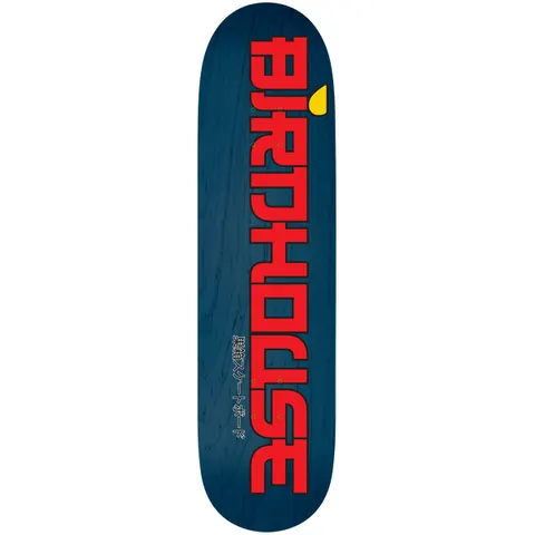 Birdhouse Suketobodo 8.25 skateboard deck: The Birdhouse name in large red blocky, angular lettering running vertically down a dark teal deck, with a yellow teardrop above and small Japanese katakana text below.