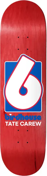 Birdhouse Tate Carew 5 Rings skateboard deck: A large white number 6 style Birdhouse logo outlined in red sits on a blue square, above the brand name in blue and the rider's name in white, on a red stained deck.