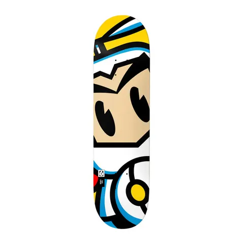 Birdhouse Tate Carew Bomber XL 8.5 skateboard deck: Cropped bold cartoon of a bomber-style character with a tan face, large black eyes, blue and white helmet and yellow details, drawn with thick black outlines.
