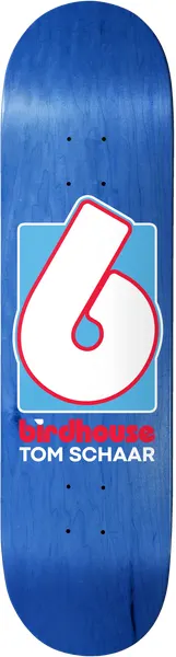 Birdhouse Tom Schaar 5 Rings skateboard deck: Large white number 6 style Birdhouse logo with red outline on a light blue square, with the red brand wordmark and rider name beneath, on a blue stained deck.