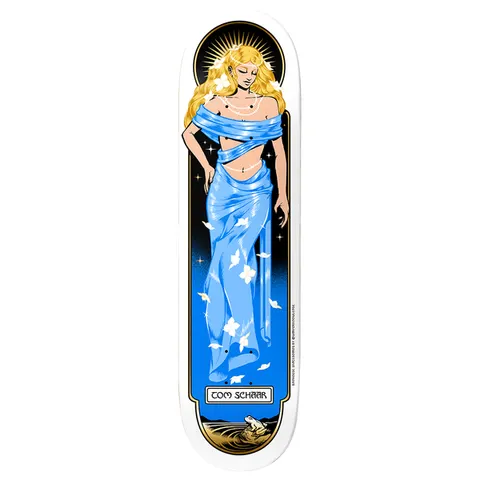 Birdhouse Tom Schaar Divine Aura 8.625 skateboard deck: Art nouveau style illustration of a blonde woman in a flowing blue wrap with a halo behind her, surrounded by petals and stars in a decorative frame, with a small frog at the base.