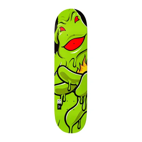 Birdhouse Tom Schaar Goop Guy XL 8.38 skateboard deck: Large cartoon slime monster with red eyes and mouth, arms crossed and dripping goo with a small flame, in bold outlines on a lime green deck. Small Birdhouse logo label near the tail.