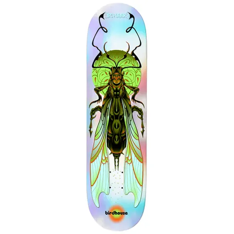 Birdhouse Tom Schaar Ilham Insects 8.25 skateboard deck: A detailed illustration of a winged insect with dark olive body and pale green wings in front of a lime green patterned sun, with Schaar lettering and curled antennae at the top, on a pearly holographic background.
