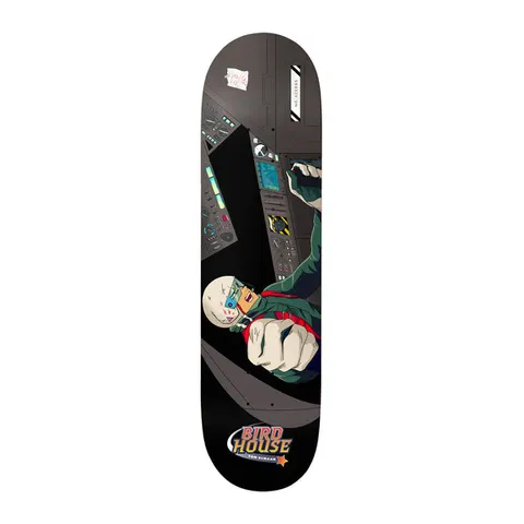 Birdhouse Tom Schaar Red Shift 8.5 skateboard deck: Anime-style pilot with a white helmet and blue visor punching a clenched fist toward the viewer inside a cockpit full of dials and screens, with a No Access label, on a dark grey deck with a Birdhouse logo.