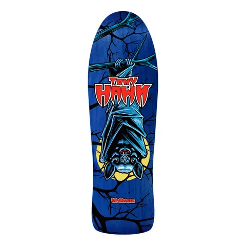 Birdhouse Tony Hawk Bat 10.25 skateboard deck: A bat hangs upside down from a bare branch in front of a yellow moon, drawn in comic-book style on a blue-stained old-school shaped deck. Red horror-style Tony Hawk lettering sits above the bat.