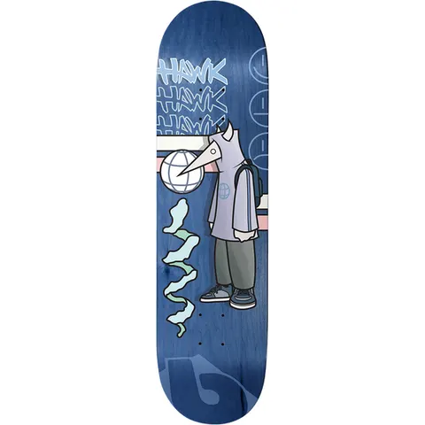 Birdhouse Tony Hawk Been Here 8.25 skateboard deck: Cartoon figure in a hoodie with a bird-beak head and backpack, holding a globe, with a pale green smoke squiggle and stacked 'HAWK' graffiti text above. Pink and white stripes cross the blue stained deck, with faint smiley outlines at top right.