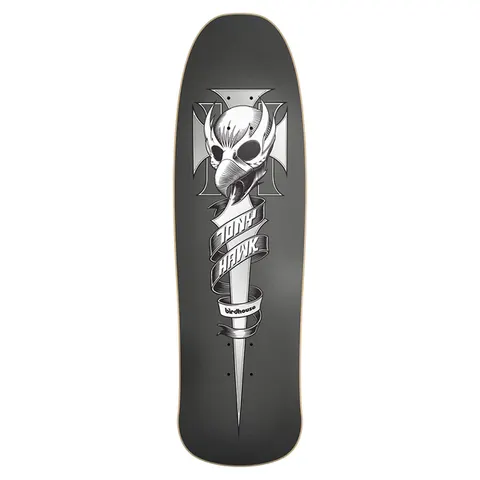 Birdhouse Tony Hawk Crest 9.375 skateboard deck: Silver bird skull with a beak on an iron-cross shape, impaled on a long dagger-like blade wrapped in ribbon banners reading 'Tony Hawk' and 'birdhouse'. Monochrome on a shaped grey deck.