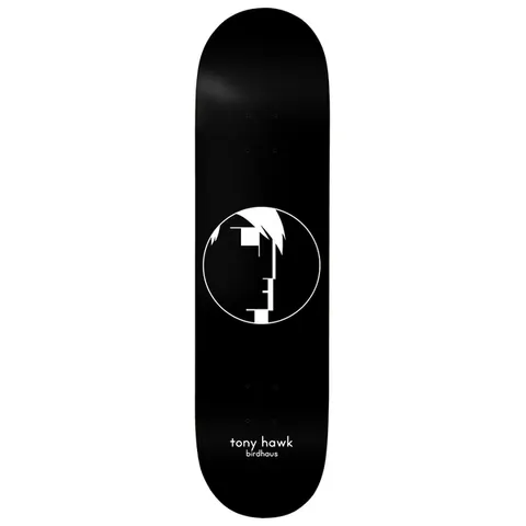 Birdhouse Tony Hawk Entries Black 8.5 skateboard deck: Plain black deck with a white circle containing a stylised, blocky geometric profile face in white with spiky hair. Small white lettering near the tail.