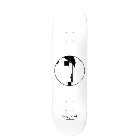 Birdhouse Tony Hawk Entries White 8.0 skateboard deck: A white deck with a black circle enclosing a minimalist, geometric profile face with a dark fringe of hair, in a Bauhaus-inspired style. Small lowercase name and brand text sits near the tail.