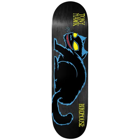 Birdhouse Tony Hawk Evil Cat Blue 8.25 skateboard deck: Cartoon black cat with blue outline and fur, yellow glaring eyes and a grinning red-toothed mouth, lying along the deck on a black woodgrain stain. Yellow rider and brand names in small lettering.