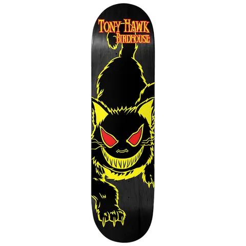 Birdhouse Tony Hawk Evil Cat Yellow 8.0 skateboard deck: Cartoon black cat with yellow outline and fur, red glaring eyes and a toothy grin, crouching with claws out along a black woodgrain deck. Rider and brand names in red and yellow lettering at the top.