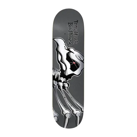 Birdhouse Tony Hawk Falcon 1 Gunmetal 8.25 skateboard deck: A large silver and black skeletal bird skull with a red-glinting eye and bony talons, drawn on a gunmetal grey deck, with Tony Hawk Birdhouse in black lettering at the top.