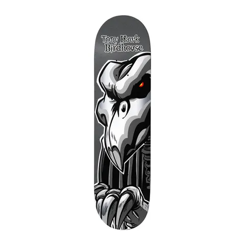 Birdhouse Tony Hawk Falcon 2 Gunmetal 8.5 skateboard deck: Monochrome grey and white cartoon falcon skull with a glowing red eye and skeletal claws gripping the bottom edge, with a stripy ribcage behind; 'Tony Hawk Birdhouse' in gothic lettering at the top.