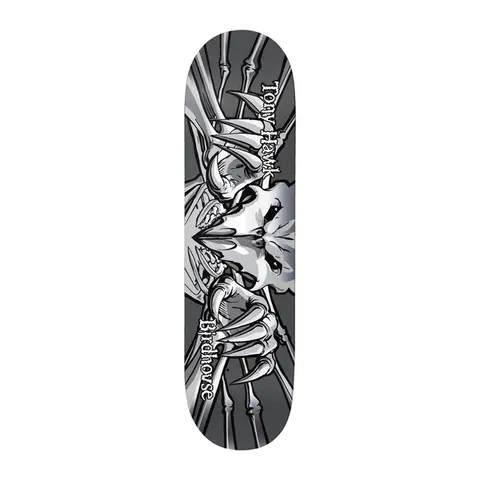 Birdhouse Tony Hawk Falcon 3 Gunmetal 8.0 skateboard deck: Monochrome falcon skull seen head-on with spread skeletal wings and clawed talons, in grey and silver tones, with 'Tony Hawk' and 'Birdhouse' lettering down both sides.