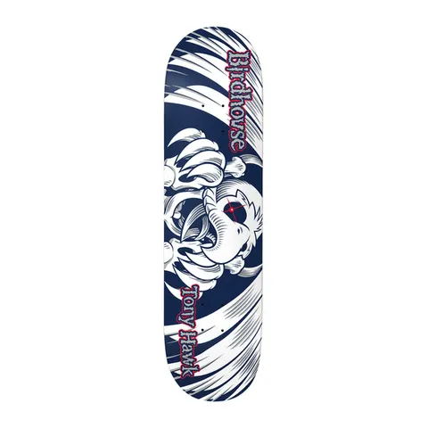 Birdhouse Tony Hawk Falcon 6 Blue 7.25 skateboard deck: White falcon head with clutching talons and a red eye, drawn in line style over a navy blue background with white feather swooshes. Birdhouse and Tony Hawk in gothic lettering run along the edges.