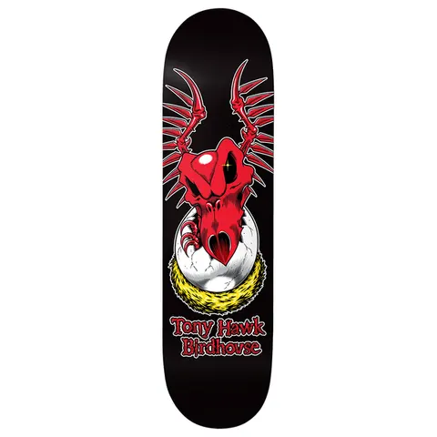 Birdhouse Tony Hawk Falcon Egg 8.125 skateboard deck: A red skeletal bird skull with spiked bony wings hatches from a cracked egg in a yellow feathered nest, on a black deck, with rider and brand name below.