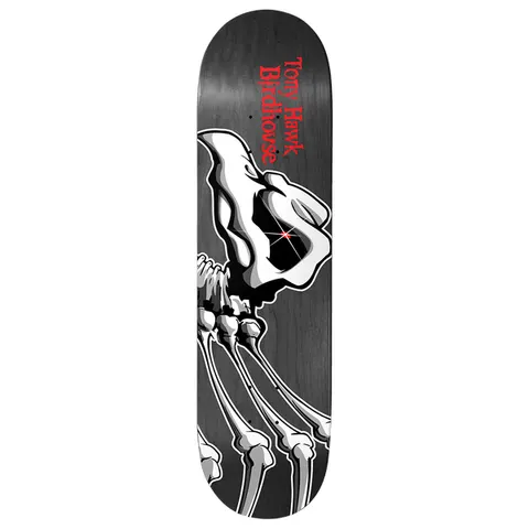 Birdhouse Tony Hawk Falcon 8.125 skateboard deck: Large black, white and grey illustration of a skeletal falcon's skull and talons, with a red sparkle in the eye socket, on a grey-stained wood veneer. Red serif rider and brand name runs vertically near the top.