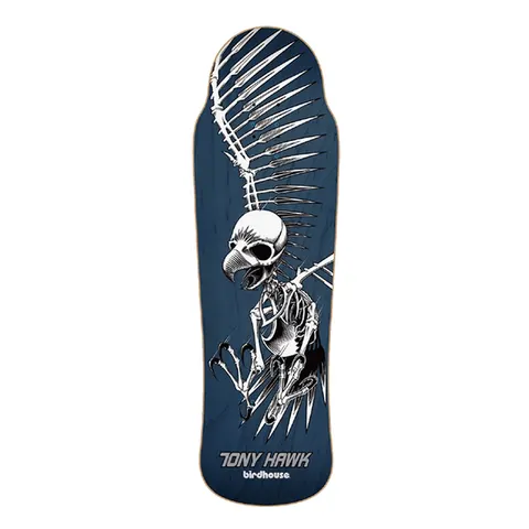 Birdhouse Tony Hawk Full Skull 2 9.75 skateboard deck: White skeleton of a bird of prey with a large spread wing of long feather bones, on an old-school shaped navy deck, with the rider name and logo at the base.