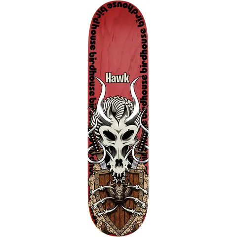 Birdhouse Tony Hawk Gladiator 8.0 skateboard deck: Horned dragon-like skull with crossed swords and a wooden shield draped in bones, on a red stained deck, with Birdhouse repeated around the edge and the name Hawk in a label above.