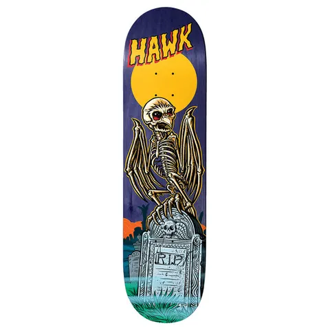 Birdhouse Tony Hawk Graveyard 8.0 skateboard deck: Winged skeleton creature with red eyes perches on an RIP gravestone in a graveyard under a large yellow moon on a purple deck, with yellow comic-style HAWK lettering at the top.