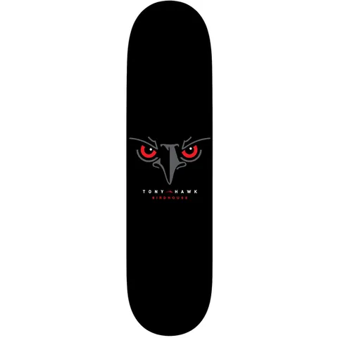 Birdhouse Tony Hawk Lakai 8.25 skateboard deck: Plain black deck with a stylised hawk face in grey with glaring red eyes at the centre, 'Tony Hawk' in white above red 'Birdhouse' lettering.