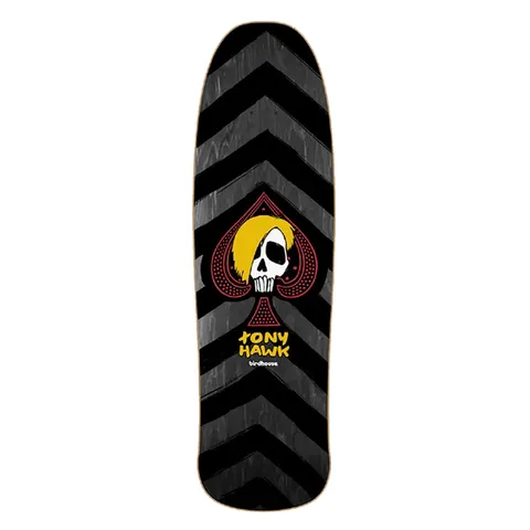 Birdhouse Tony Hawk McSqueeb 9.375 skateboard deck: A blond-haired skull in a red spade on an old-school shaped deck with grey chevron stripes over black. Yellow rider name and small Birdhouse logo below.