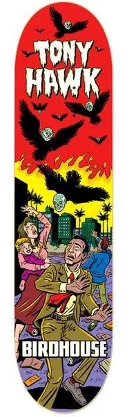 Birdhouse Tony Hawk Mexipulp 8.125 skateboard deck: Pulp comic-style scene of a panicked family and a man in a suit under a red sky while skull-faced black birds attack above a burning city with palm trees. TONY HAWK in dripping letters, BIRDHOUSE at the bottom.