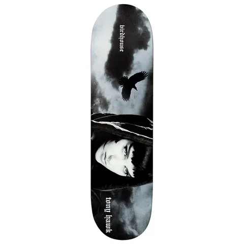 Birdhouse Tony Hawk Phantas 8.125 skateboard deck: Black and white photograph of a pale woman with dark fringe and hood looking out from a stormy sky, with a crow in flight above. Brand name and rider name in gothic lettering.