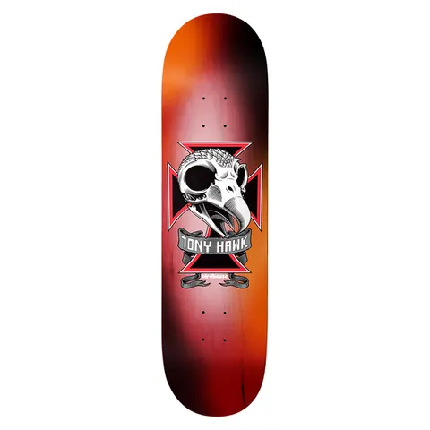 Birdhouse Tony Hawk Skull 2 Multi 8.25 skateboard deck: Bird skull in front of a red and black iron cross, with a grey scroll banner reading Tony Hawk. Background is a blurred orange, red and black fade.