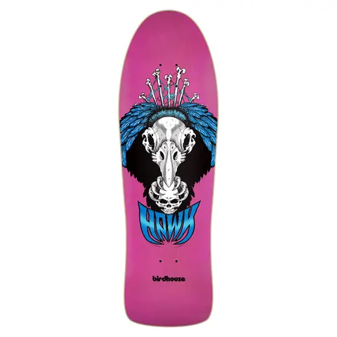 Birdhouse Tony Hawk Vulture 10.25 skateboard deck: Vulture skull with a bone crest and blue feathered wings above a smaller skull and ribcage, with blue 'HAWK' lettering below and the birdhouse logo. Shaped pink deck.