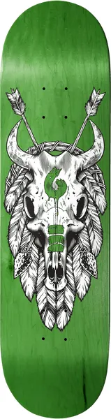 Birdhouse Walker Cattle 8.5 skateboard deck: Black and white illustrated horned cattle skull with feathers, a thorny wreath and two crossed arrows, with a small green Birdhouse hand logo on the forehead, on a green stained deck.