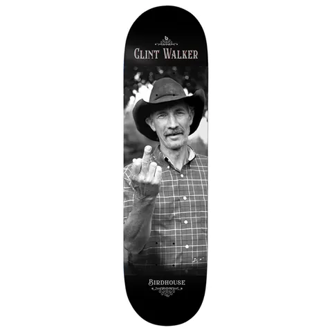 Birdhouse Walker Dad 8.38 skateboard deck: Black and white photograph of an older man in a cowboy hat and checked shirt raising his middle finger. Name in ornate serif lettering at the top and Birdhouse at the bottom, with small flourishes.