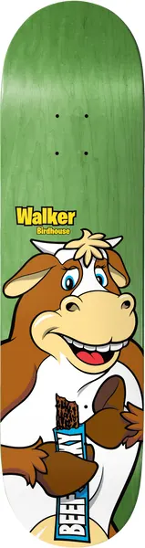 Birdhouse Walker Remix 8.125 skateboard deck: Cartoon brown and white cow with a big grin holding a chocolate bar in a blue wrapper, on a green stained deck. Rider name and brand are in yellow at the top.