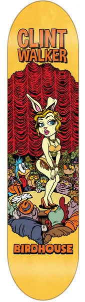 Birdhouse Walker Vices 8.125 skateboard deck: Cartoon bunny-eared showgirl posing on a stage before a red curtain, watched by a crowd of grotesque cartoon monsters and a bird in the foreground. Yellow deck with the rider name at top and Birdhouse logo at bottom.