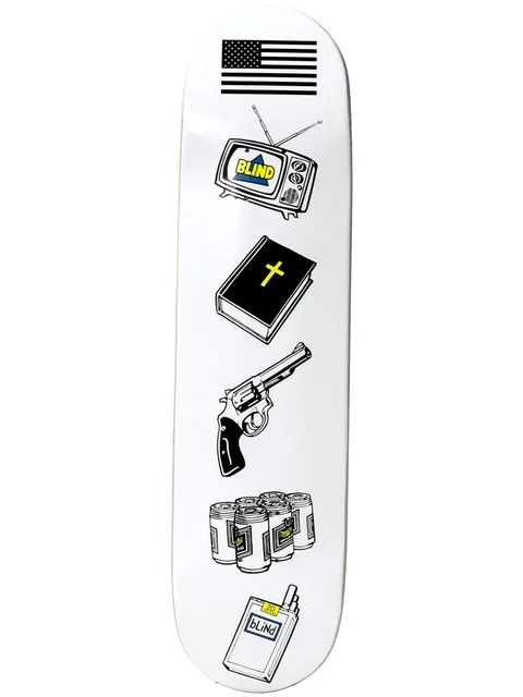 Blind American Icons White skateboard deck: A vertical stack of black and white icons on a white deck: an American flag, a television with the Blind logo, a bible with a yellow cross, a revolver, a six-pack of beer cans and a cigarette packet.