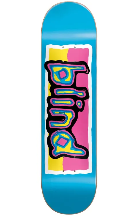 Blind Colored Logo Blue 8.25 skateboard deck: Light blue deck with a scrawled Blind logo in yellow, pink and blue with a thick black outline, on a yellow and pink split panel with white torn border.