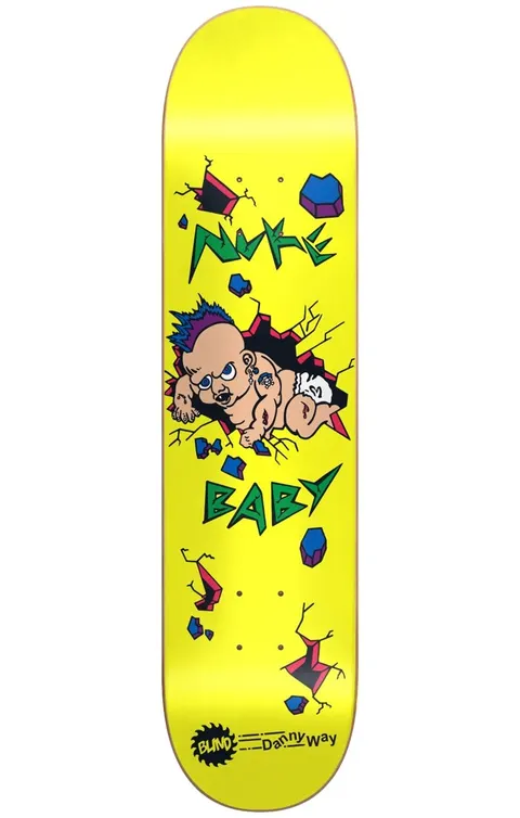 Blind Danny Way Nuke Baby HT Popsicle YELLOW R7 8.375 skateboard deck: A cartoon punk baby with a purple mohawk and piercings crawls through a smashed wall, with debris flying. Green angular Nuke Baby lettering sits on a bright yellow deck with a Blind logo and Danny Way signature.