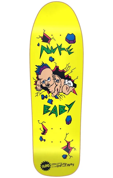 Blind Danny Way Nuke Baby SP YELLOW R7 9.7 skateboard deck: A cartoon mutant baby with a blue mohawk and earrings bursts through a cracked wall among blue rubble. Jagged green 'Nuke Baby' lettering is on a bright yellow deck, with a Blind logo and Danny Way name at the tail.