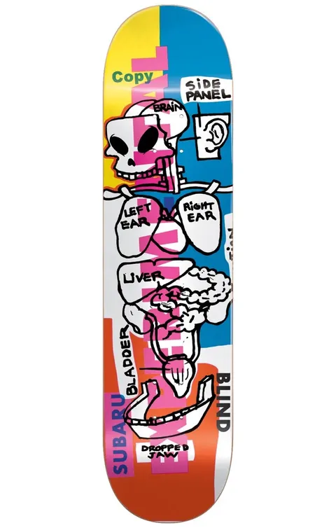 Blind Experimental Reaper MULTI 8 skateboard deck: A hand-drawn anatomical diagram of a skeleton and organs with scrawled labels, set over colour-block panels of yellow, blue, orange and white. Pink lettering runs vertically behind the skeleton.