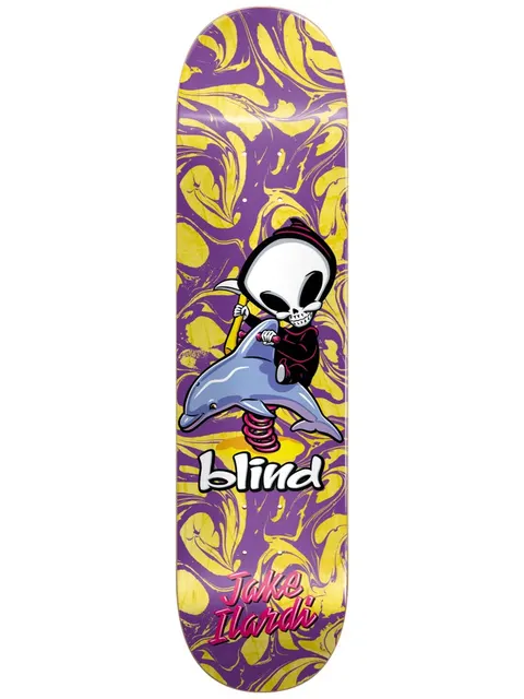 Blind Ilardi Reaper Ride R7 Purple skateboard deck: A cartoon hooded reaper with a big skull head rides a dolphin spring rider like a playground toy, on a purple deck swirled with yellow marbling. Blind logo in white and the rider name in pink script below.