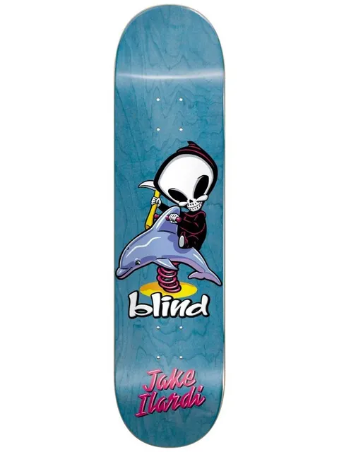 Blind Ilardi Reaper Ride R7 skateboard deck: Cartoon hooded reaper character with scythe rides a spring-mounted dolphin playground toy. Blind logo below and the rider's name in pink script at the tail, on a blue wood-stained deck.