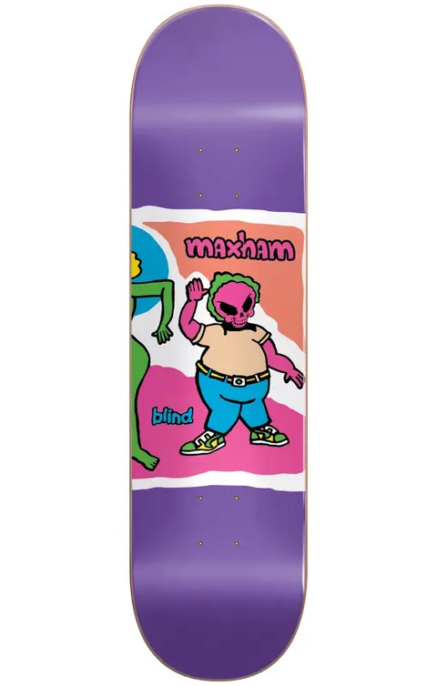 Blind Maxham Color Portrait Super Sap R7 8.5 skateboard deck: Cartoon figure with a pink skull head and waving hand, in a tan top and blue trousers, stands beside a green figure on a torn-paper style colour panel on a purple deck.